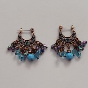 Sweet Romance Chandelier Earrings Beaded AB Glass Copper Filigree Turquoise Euc